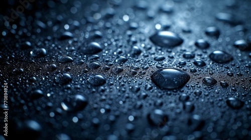  drops of water against backdrop of blue ..Black surface : drops of water; blue backdrop (