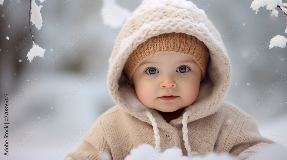 Adorable baby with blue eyes in casual winter clothes among the snow looking at the camera Adorable baby with blue eyes in casual winter clothes among the snow looking at the camera