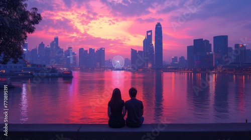  A man and a woman seated on a ledge, gazing at a body of water with a city skyline framed behind