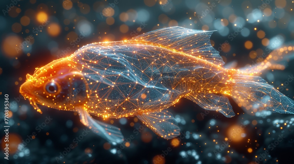 A tight shot of a fish submerged in water, surrounded by numerous lights along its edge A tight shot of a fish submerged in water, surrounded by numerous lights along its edge