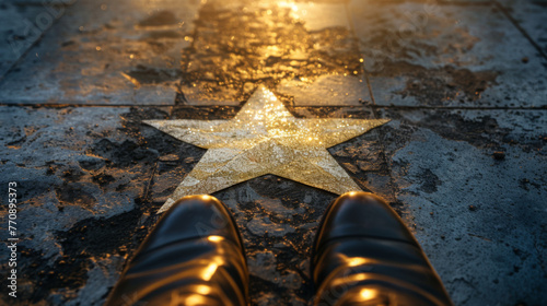 Star on Wet City Sidewalk