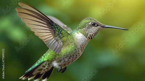  A hummingbird flies against a green backdrop, wings fully extended