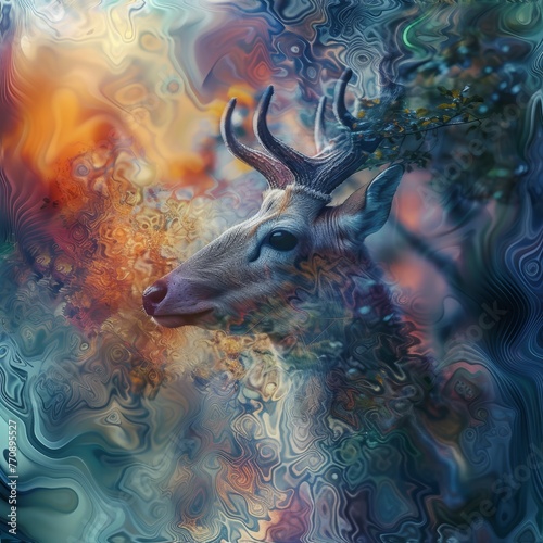  Deer head against multicolored backdrop with swirling patterns and bubble textures