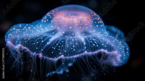   A tight shot of a jellyfish against a black backdrop, its hazy head in focus © Wall