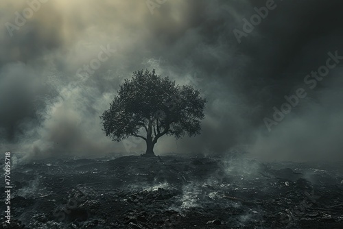 An ashen tree stands in a smoke-filled landscape against a dark background, highlighting the environmental damage caused by smoking. © Kanisorn