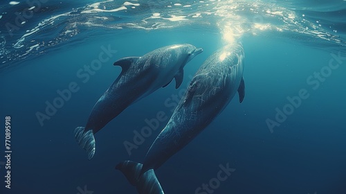   Two dolphins swim in the ocean, where sunlight breaks through both the water's surface and bottom © Wall