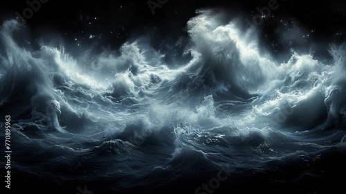  A monochrome image of a vast ocean wave, star-speckled night sky above, and a fully illuminated moon overhead