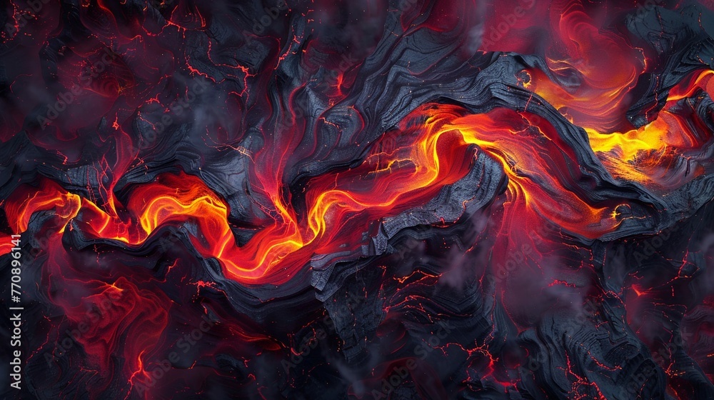Fiery lava flow, abstract patterns, birds eye view, deep reds for a dynamic background , vibrant