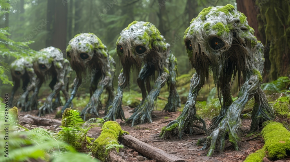A strange ensemble of monsters traverses a verdant forest, teeming with lush greenery and trees Moss blankets the forest floor beneath their feet A strange ensemble of monsters traverses a verdant forest, teeming with lush greenery and trees Moss blankets the forest floor beneath their feet