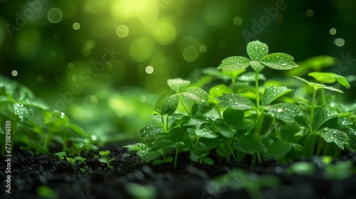  A tight shot of a tiny green plant, adorned with water beads on its leaves, amidst a lush expanse of grass