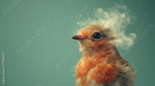  A tight shot of a bird with its head engulfed in dense smoke, overlooking a tranquil body of water