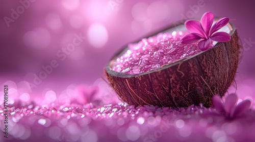   A coconut shell up-close, adorned with a flower on its peak, surrounded by pink glitter