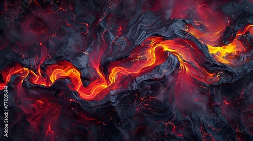 Fiery lava flow, abstract patterns, birds eye view, deep reds for a dynamic background , vibrant