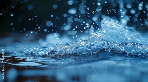   A tight shot of water droplets splashing and forming on a body of water s surface