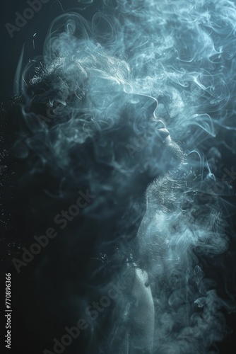 Silhouette coughing up smoke against a dark background, Campaign to stop smoking.