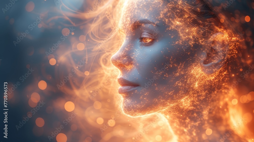 orange and yellow lights encircling, hair billowing in the wind