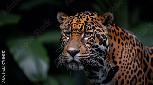  A tight shot of a leopard's face against a dark backdrop, featuring a nearby green, foliage-dense foreground