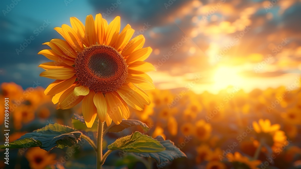 Fototapeta premium A sunflower amongst sunflowers, blue sky overhead, foreground clouds