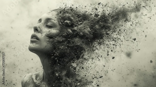   A monochrome image of a woman's visage with copious amounts of smoke emerging from her tresses photo