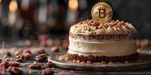 Bitcoinshaped cake with edible gold accents symbolizing halving events and the reduction in mining rewards. Concept Bitcoin, Cake decoration, Gold accents, Halving events, Mining rewards