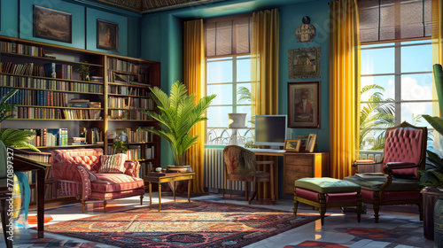 Cozy and vibrant home office with eclectic bookshelves, colorful accents, and large windows. Concept: Personalized workspace with a touch of vintage charm