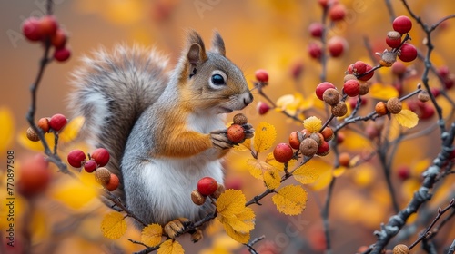   A squirrel perches atop a tree  surrounded by branches laden with red and yellow berries