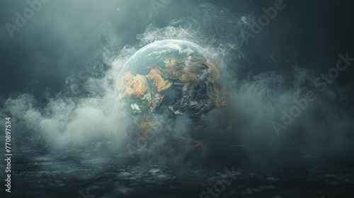 Fototapeta Naklejka Na Ścianę i Meble -  The hazy shroud enveloping the world globe signifies the pervasive impact of smoking on a global scale.