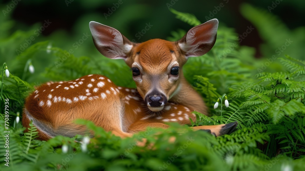 Fototapeta premium A small deer rests in a forest of lush green plants and tall, leafy trees