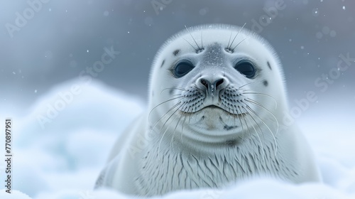  A close-up of a seal in the snow surrounded by snowflakes