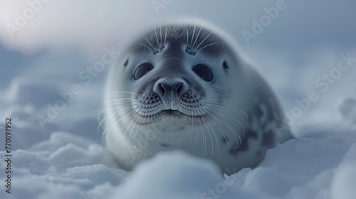  A tight shot of a seal in the snow, its eyes gazing intently, and nose widely opened