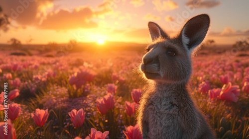   A kangaroo seated amidst a field of blooming tulips, as the sun sets in the background © Wall