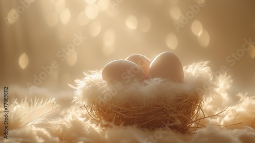   A bird nest with three eggs on a fluffy white feather bed, surrounded by soft feathers In front, a bolt of light photo