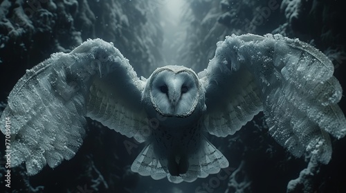  An owl spreads wings for flight among snow-covered trees