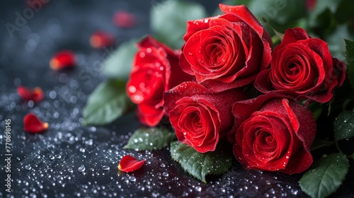   A bouquet of red roses atop a table  its surface dotted with water droplets and drips against a black backdrop
