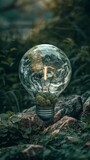 Light bulb with earth globe reflection on nature background.