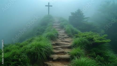  A cross atop a hilly, fog-shrouded landscape with a winding path unfurling towards it