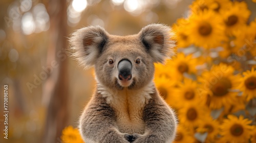   Koala stands before sunflower field, mouth agape © Wall