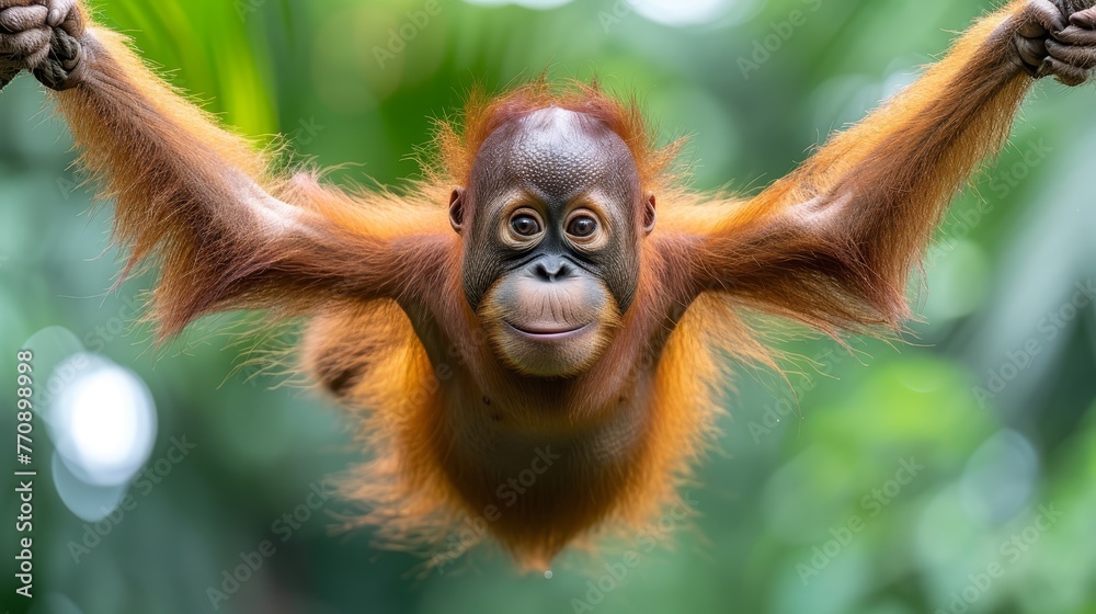 Fototapeta premium A baby orangutan dangles upside down, grasping the back of its head with its hands