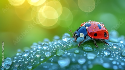   A ladybug perches atop a moist, green leaf dotted with water droplets