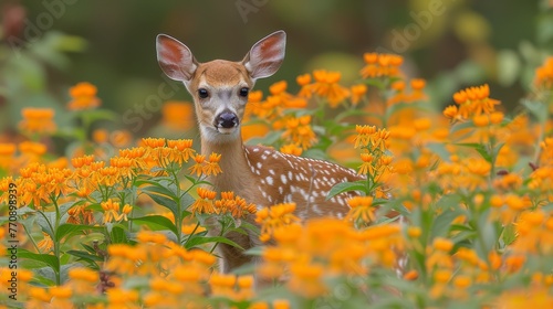  A tight shot of a deer amidst a flower-filled meadow, surrounded by indistinct trees in the backdrop