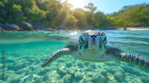   A tight shot of a turtle submerged in water, surrounded by trees in the distance, and a blue sky overhead