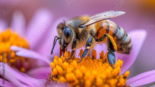  A bee hovers over a purple flower, its head and legs focused intently Yellow pollen coats the petals beneath it