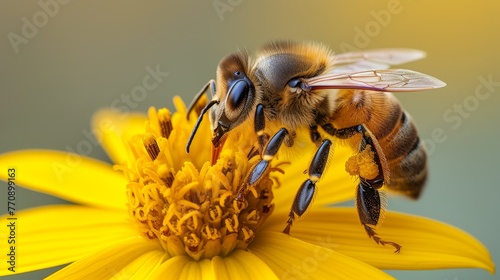   A close-up of a bee on a yellow flower with a blurred background behind it
