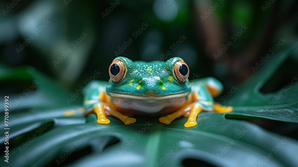 A tight shot of a frog atop a green leaf, surrounded by a hazy backdrop of similar foliage The frog's eyes are softly focused, creating a blur A tight shot of a frog atop a green leaf, surrounded by a hazy backdrop of similar foliage The frog's eyes are softly focused, creating a blur