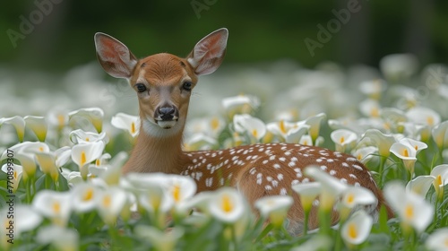   A deer grazes in a field of white flowers, holding a deceased fellow deer's head in its mouth © Wall