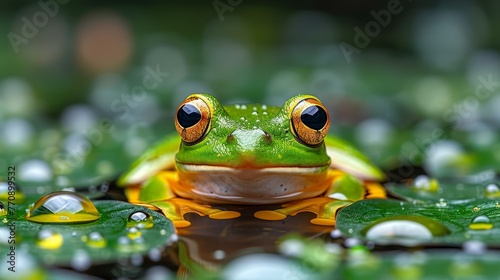   A green frog perches atop a moist  verdant leaf dotted with water droplets  above a tranquil pool of accumulated water