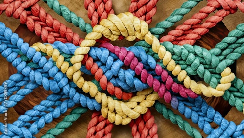 colorful rope closeup, tied knot, blurred background. Teamwork concept, background with selective focus and copy space