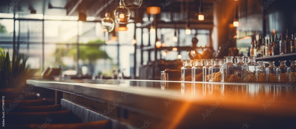 A blurry image captures the atmospheric bar inside a rustic wooden building, perfect for hosting events. The metal door, asphalt city outside, and the cozy room create a unique facade