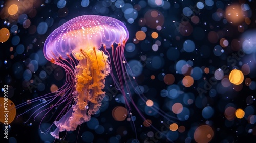   A tight shot of a jellyfish submerged in water  surrounded by numerous bubbles atop its head