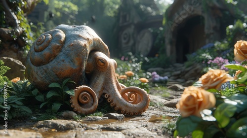  An elephant statue sits atop a verdant field, adjacent to a forest teeming with orange rose-filled blooms